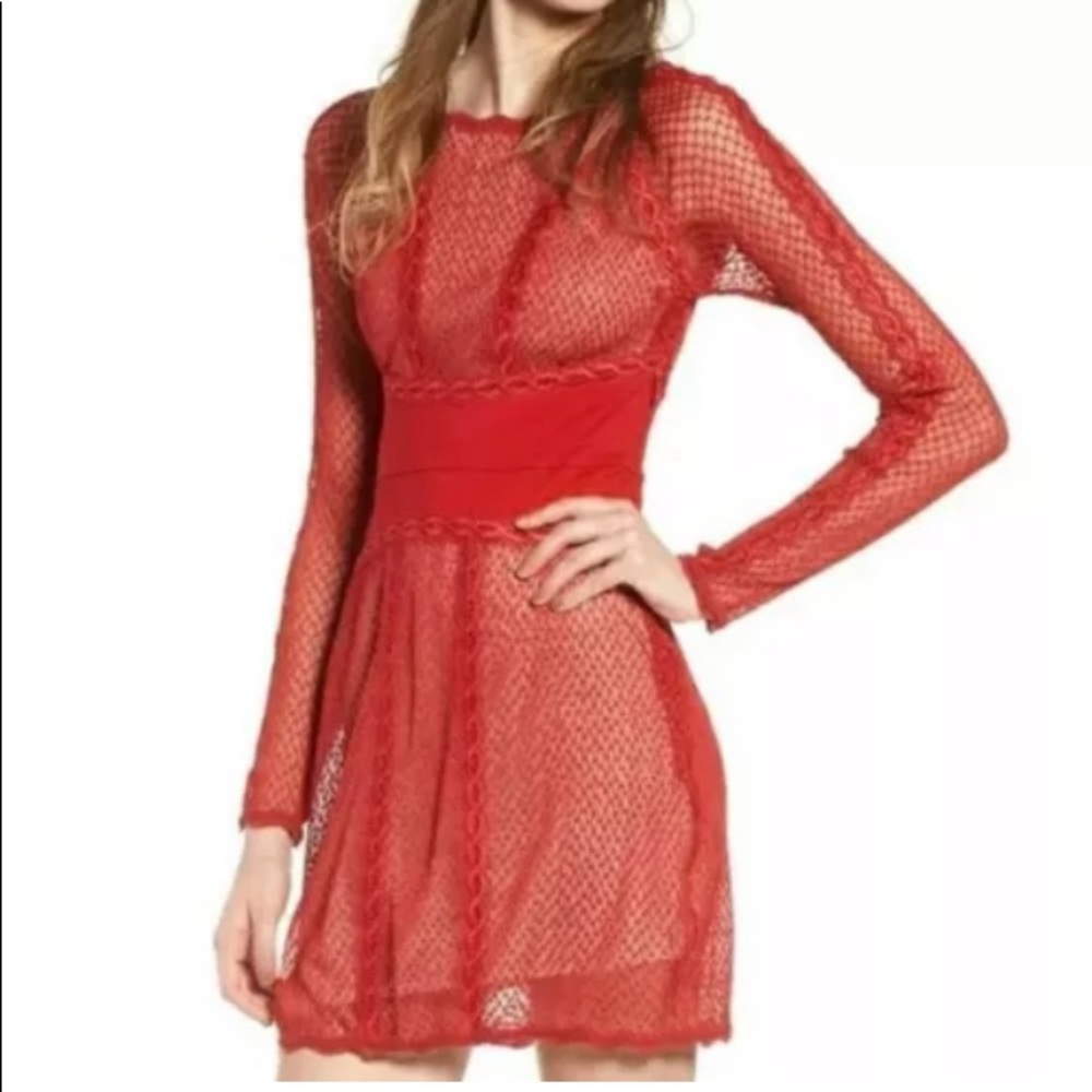 FREE PEOPLE Size Large Lace Cocktail Dress Cherry Red Scalloped Bodycon $250NWT - Picture 1 of 16